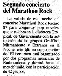 Noticia sobre el segundo concierto del Marathon Rock celebrado en la Discoteca Tropical de Gav Mar publicada en el diario LA VANGUARDIA (1 de Enero de 1987)